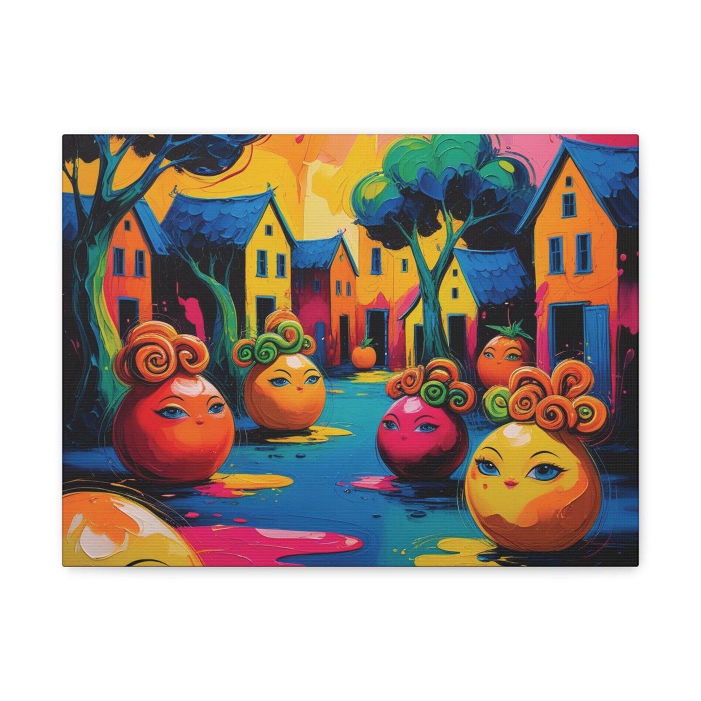 Vibrant Art Canvas Gallery Wraps - Whimsical Colorful Village Scene