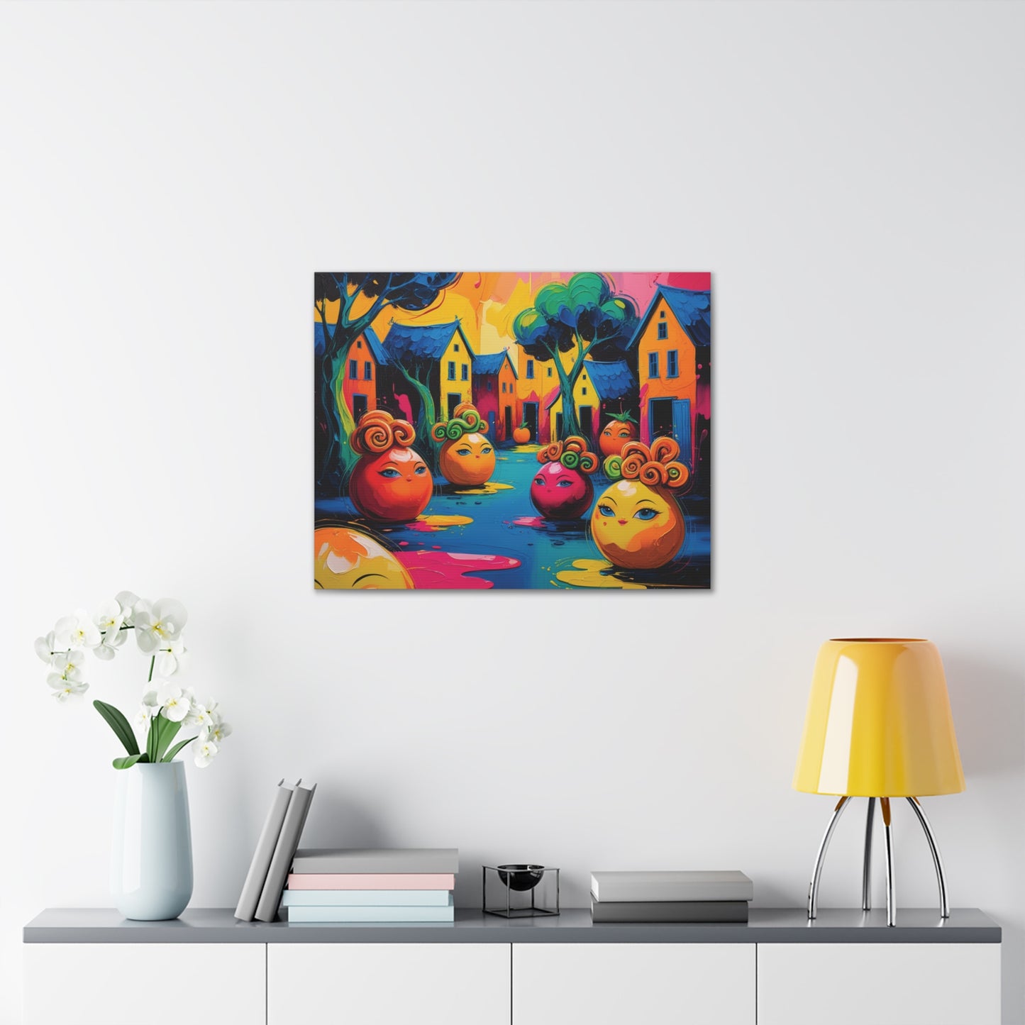 Vibrant Art Canvas Gallery Wraps - Whimsical Colorful Village Scene