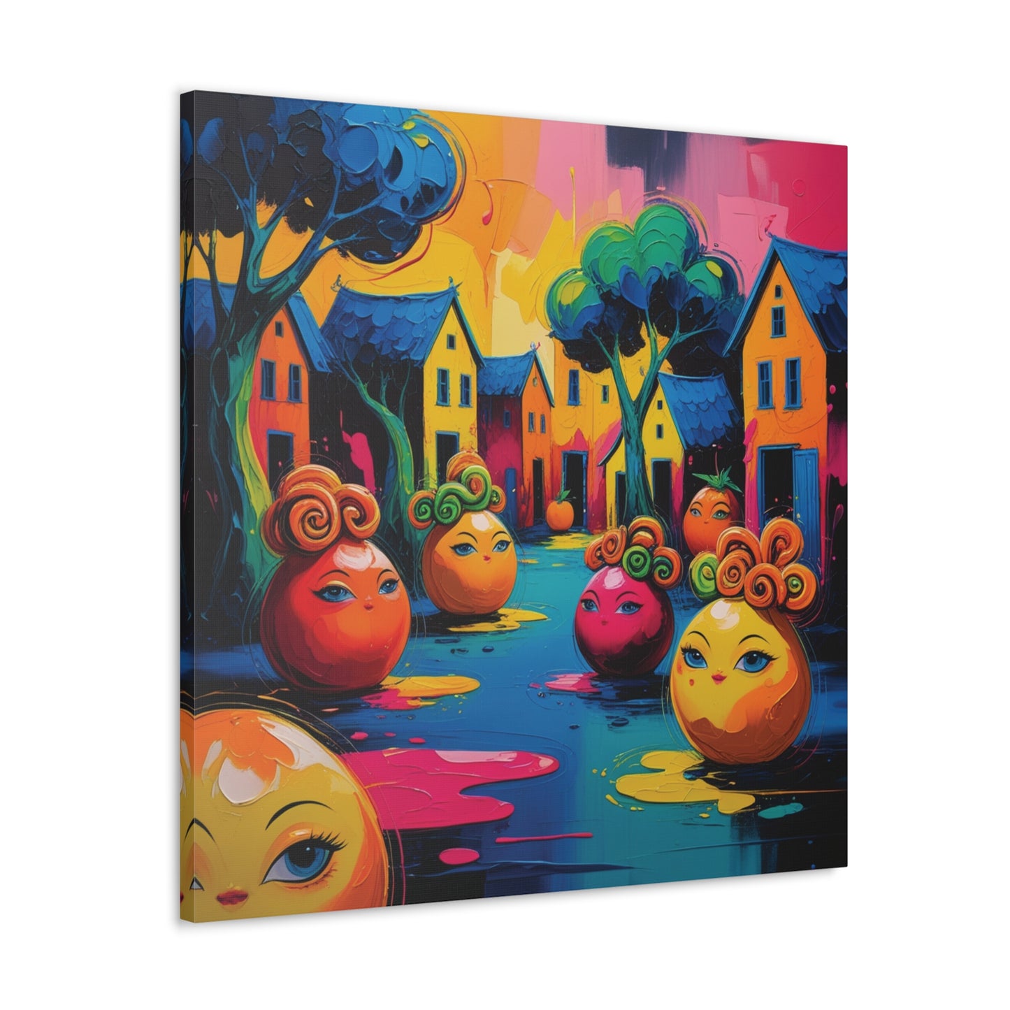 Vibrant Art Canvas Gallery Wraps - Whimsical Colorful Village Scene