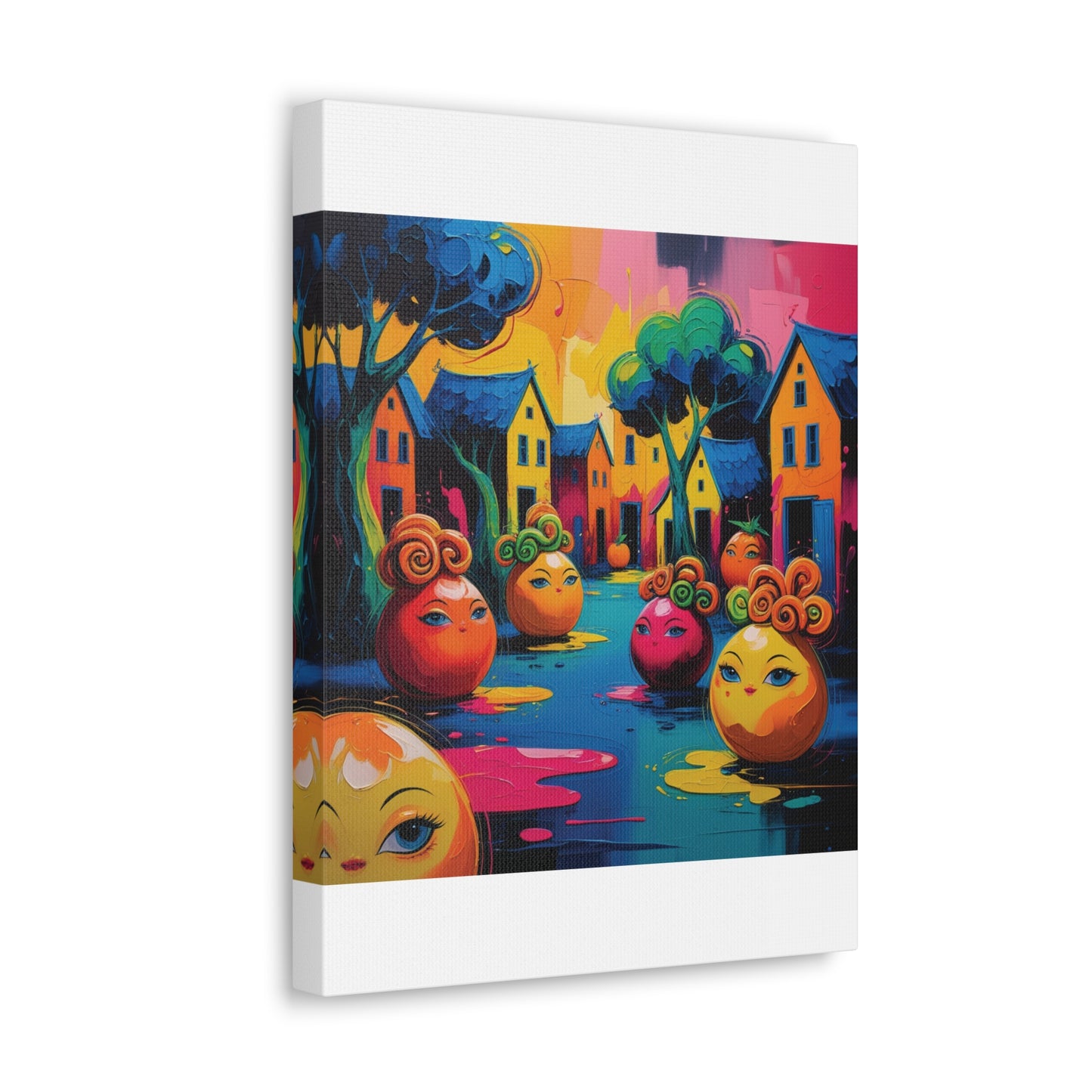 Vibrant Art Canvas Gallery Wraps - Whimsical Colorful Village Scene