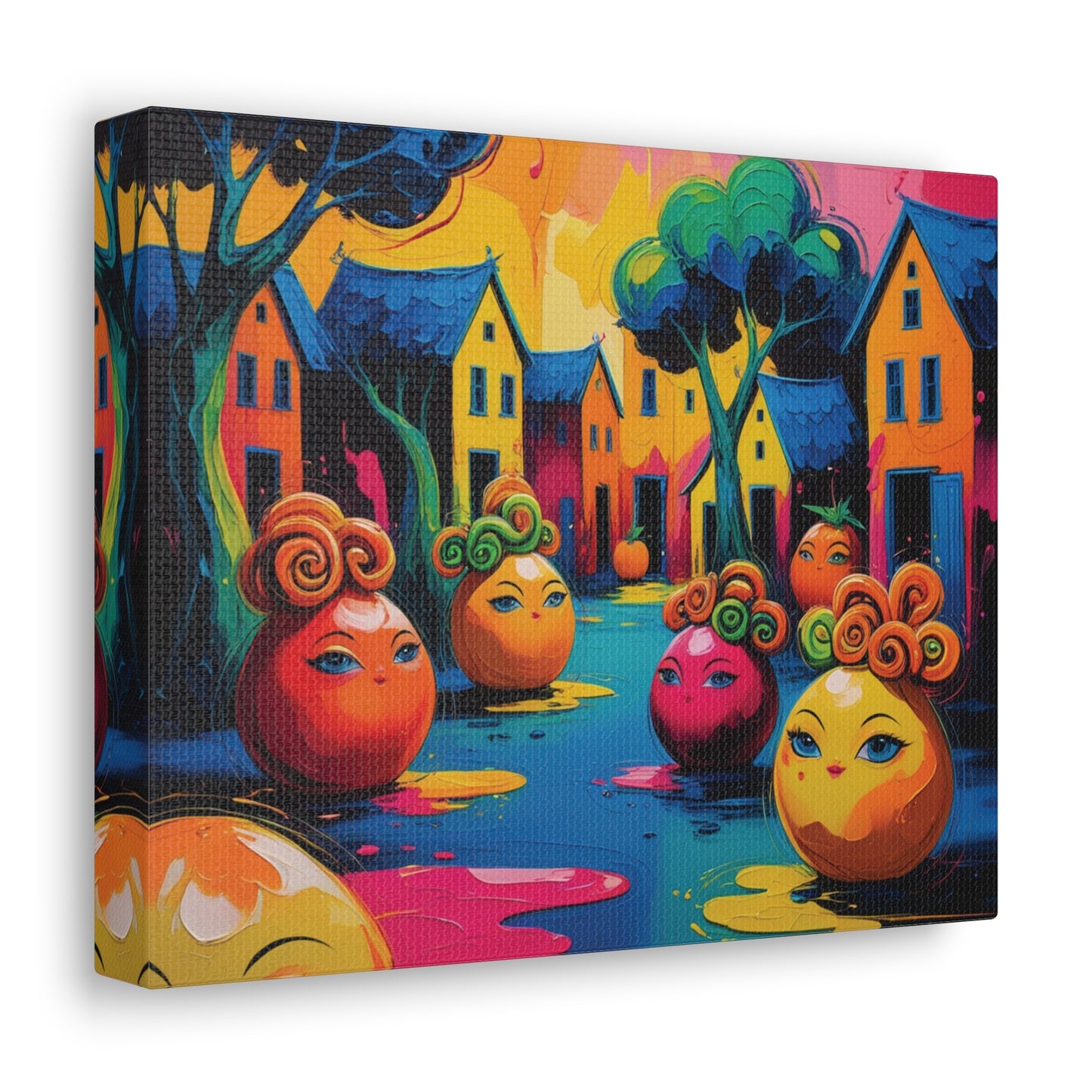 Vibrant Art Canvas Gallery Wraps - Whimsical Colorful Village Scene