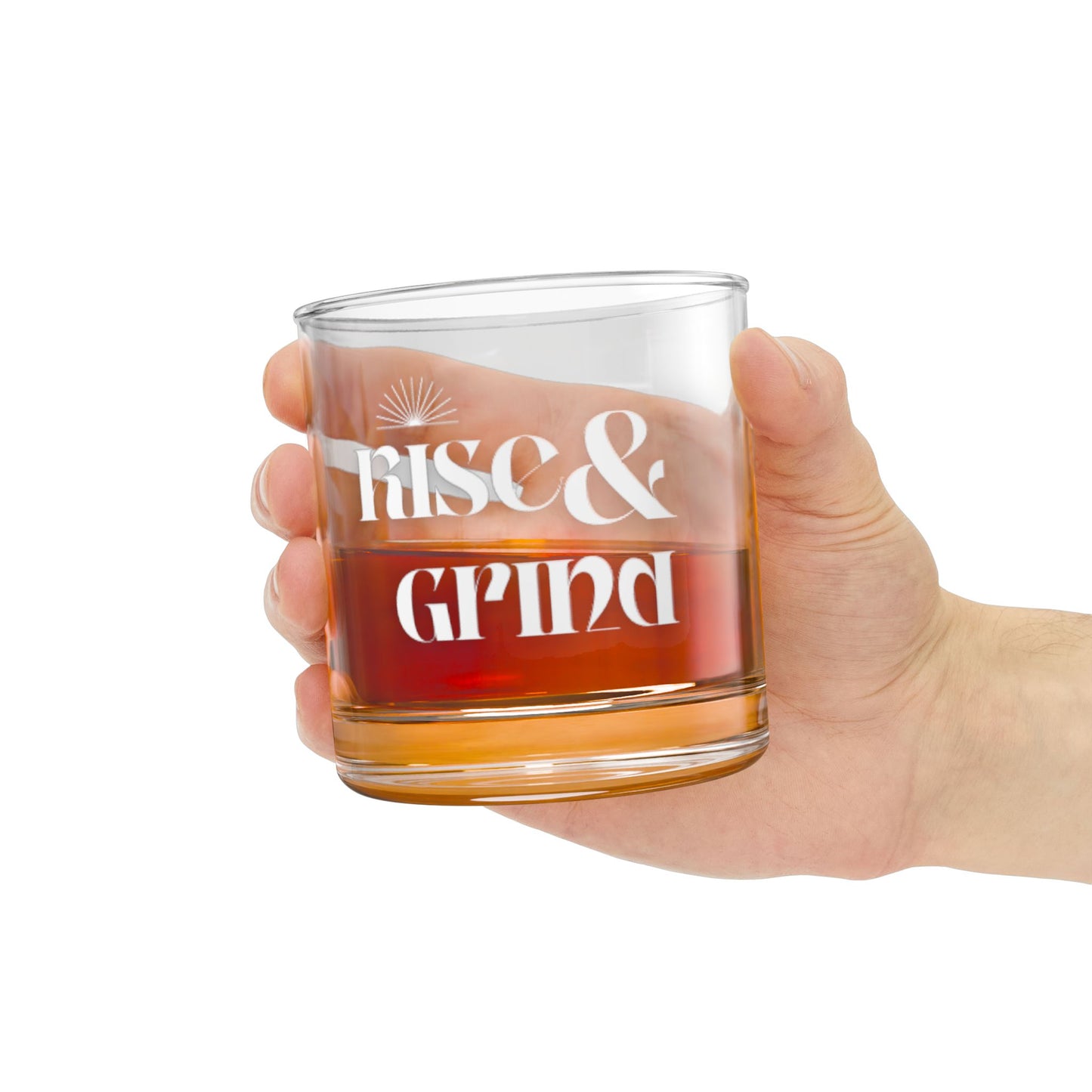 Rise & Grind Rocks Glass - 10oz Engraved Whiskey Drinking Glass for Home Bar and Gifting