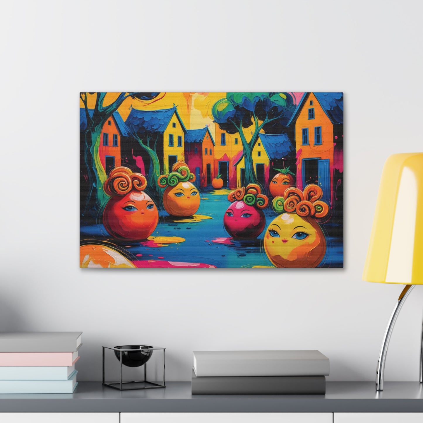 Vibrant Art Canvas Gallery Wraps - Whimsical Colorful Village Scene