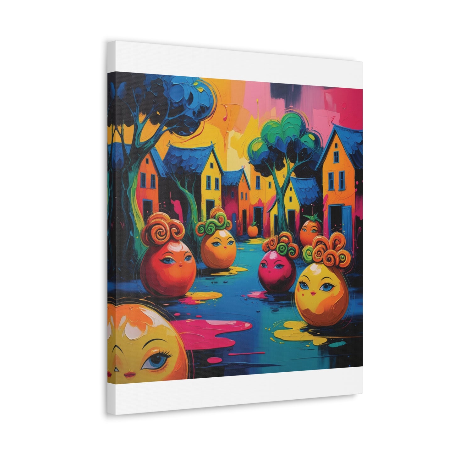 Vibrant Art Canvas Gallery Wraps - Whimsical Colorful Village Scene