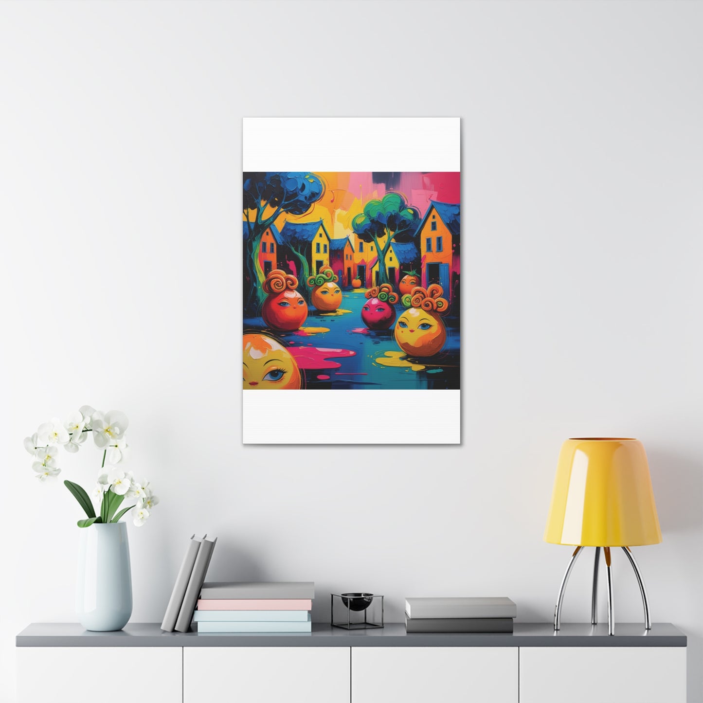 Vibrant Art Canvas Gallery Wraps - Whimsical Colorful Village Scene