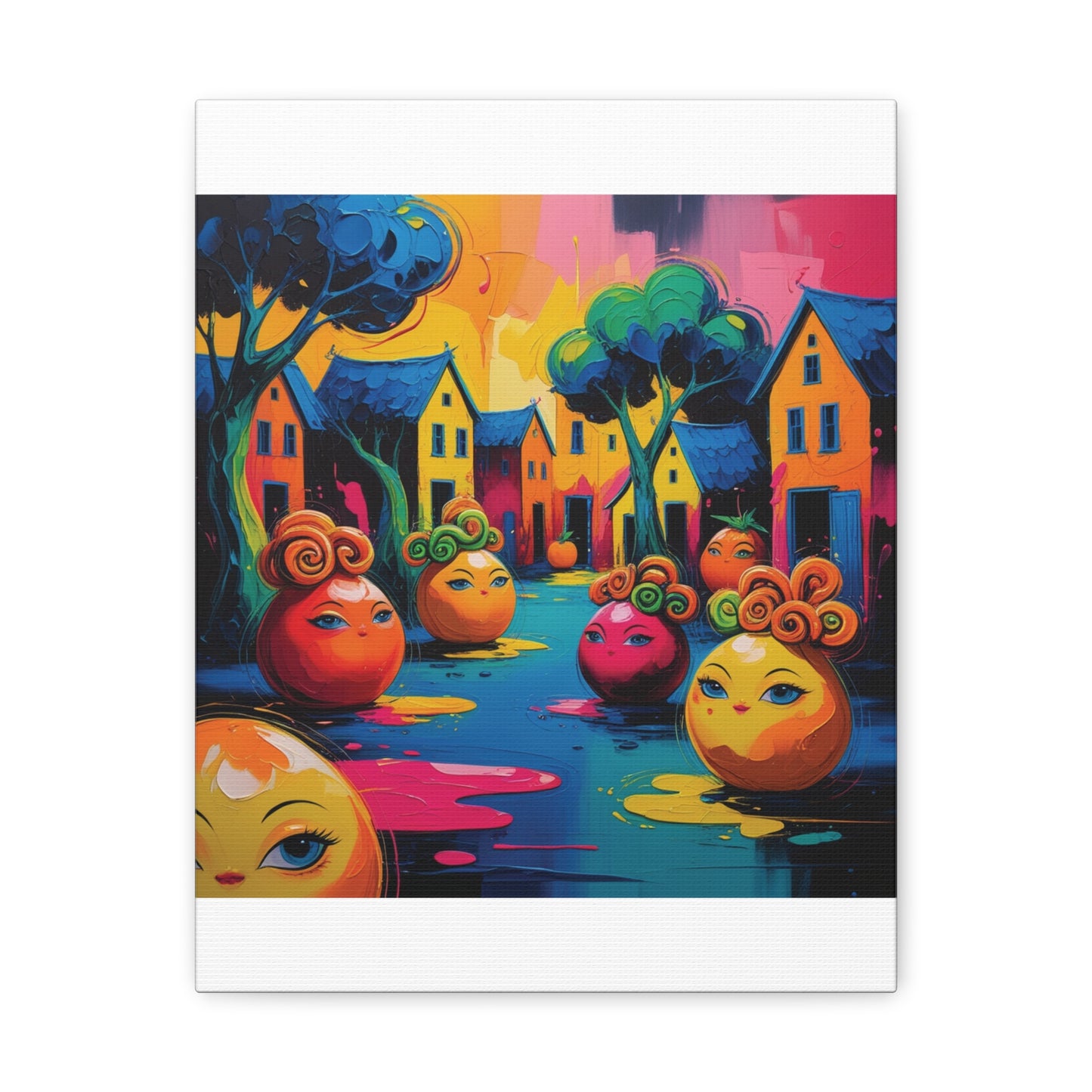 Vibrant Art Canvas Gallery Wraps - Whimsical Colorful Village Scene