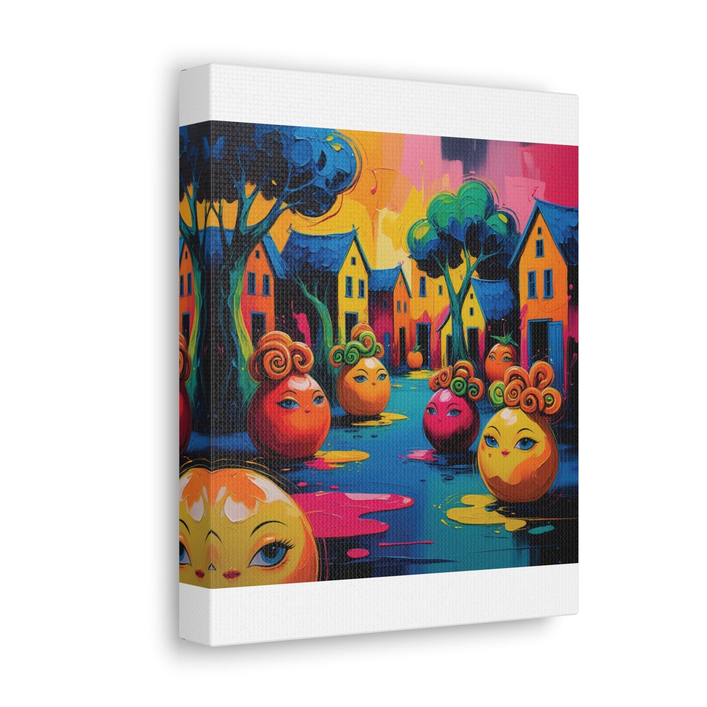 Vibrant Art Canvas Gallery Wraps - Whimsical Colorful Village Scene