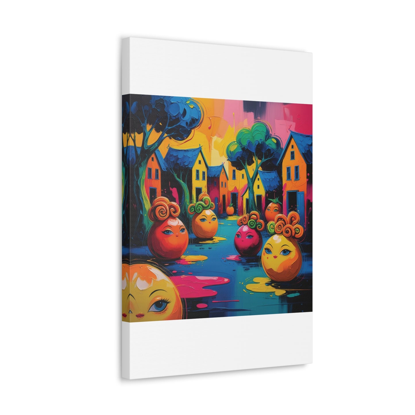 Vibrant Art Canvas Gallery Wraps - Whimsical Colorful Village Scene