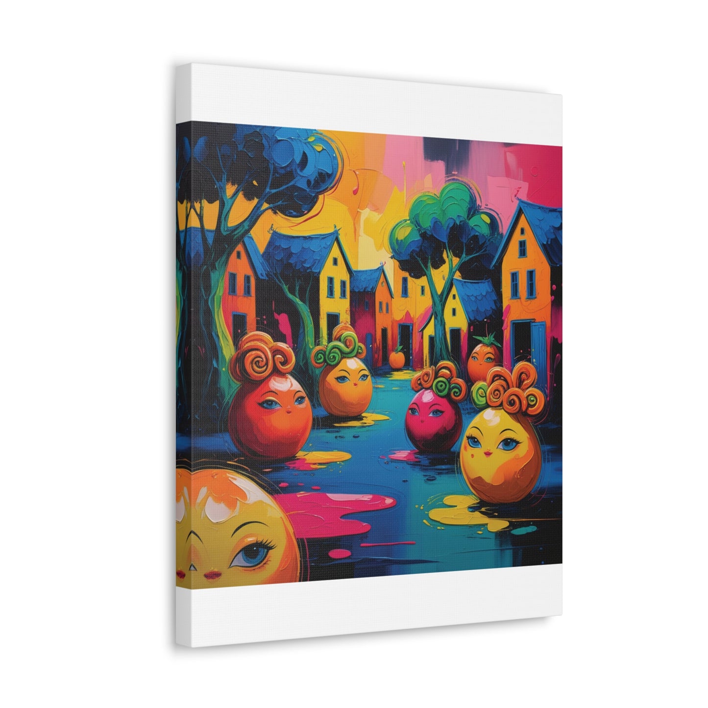 Vibrant Art Canvas Gallery Wraps - Whimsical Colorful Village Scene