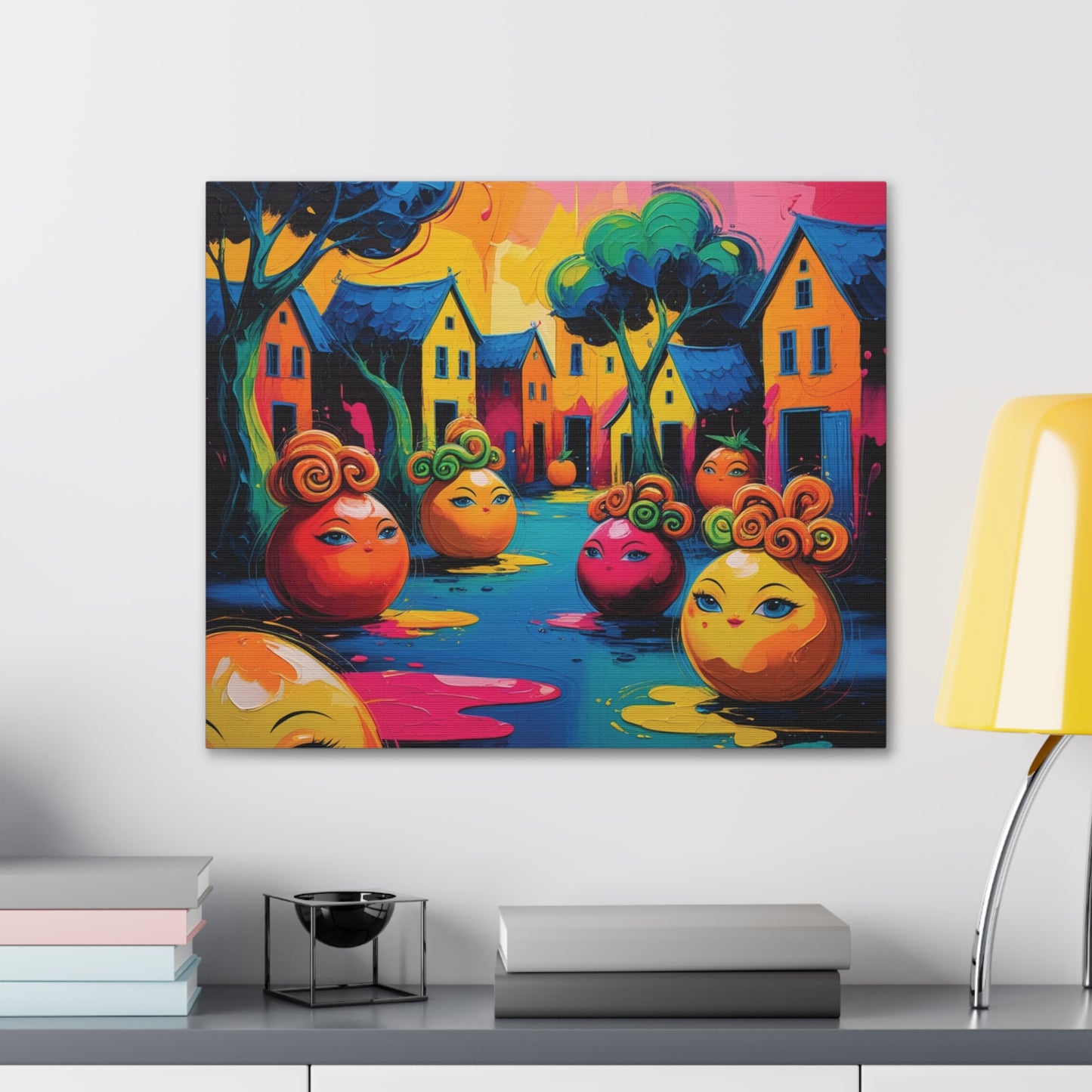 Vibrant Art Canvas Gallery Wraps - Whimsical Colorful Village Scene