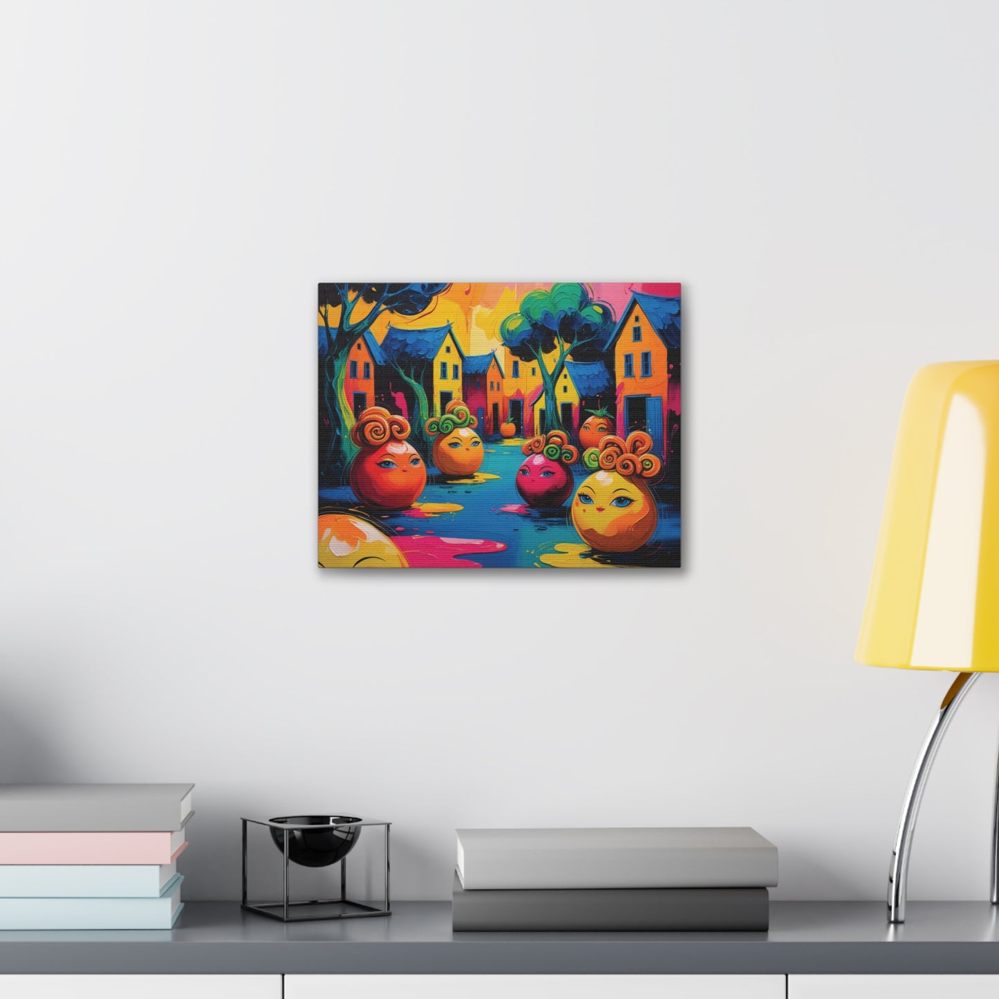 Vibrant Art Canvas Gallery Wraps - Whimsical Colorful Village Scene