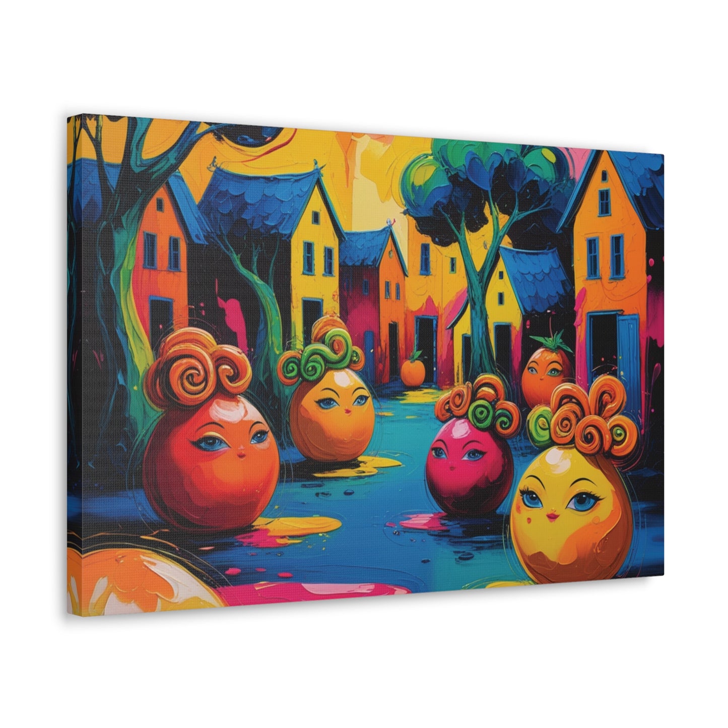 Vibrant Art Canvas Gallery Wraps - Whimsical Colorful Village Scene
