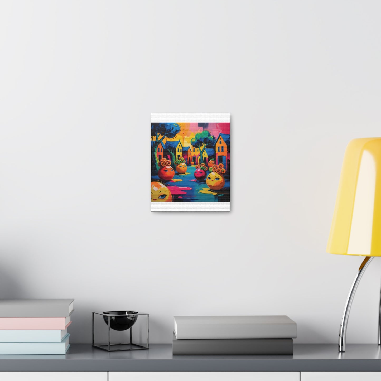 Vibrant Art Canvas Gallery Wraps - Whimsical Colorful Village Scene