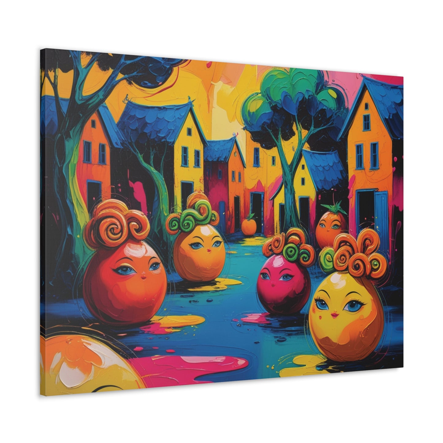 Vibrant Art Canvas Gallery Wraps - Whimsical Colorful Village Scene