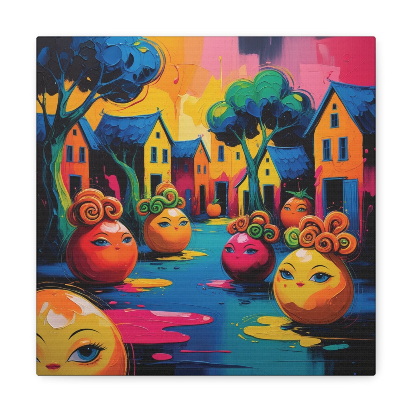Vibrant Art Canvas Gallery Wraps - Whimsical Colorful Village Scene