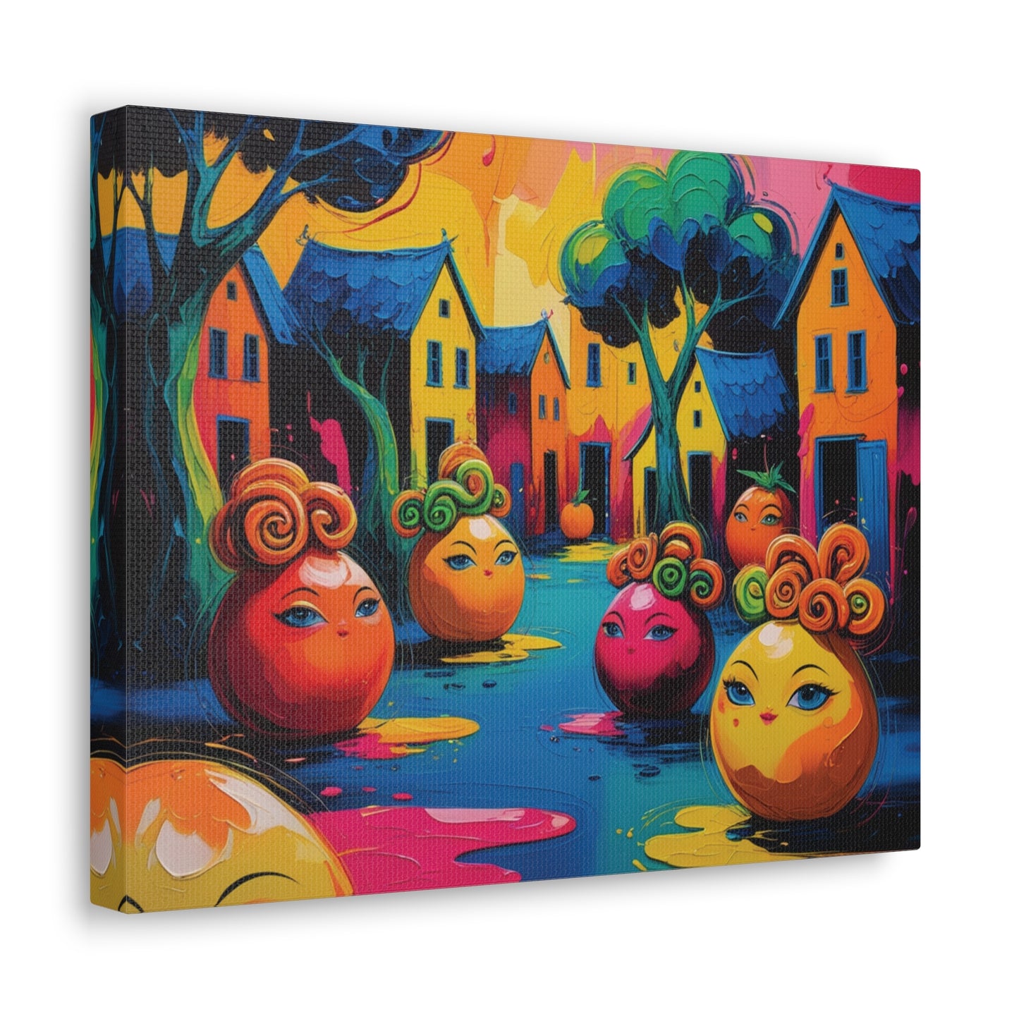 Vibrant Art Canvas Gallery Wraps - Whimsical Colorful Village Scene