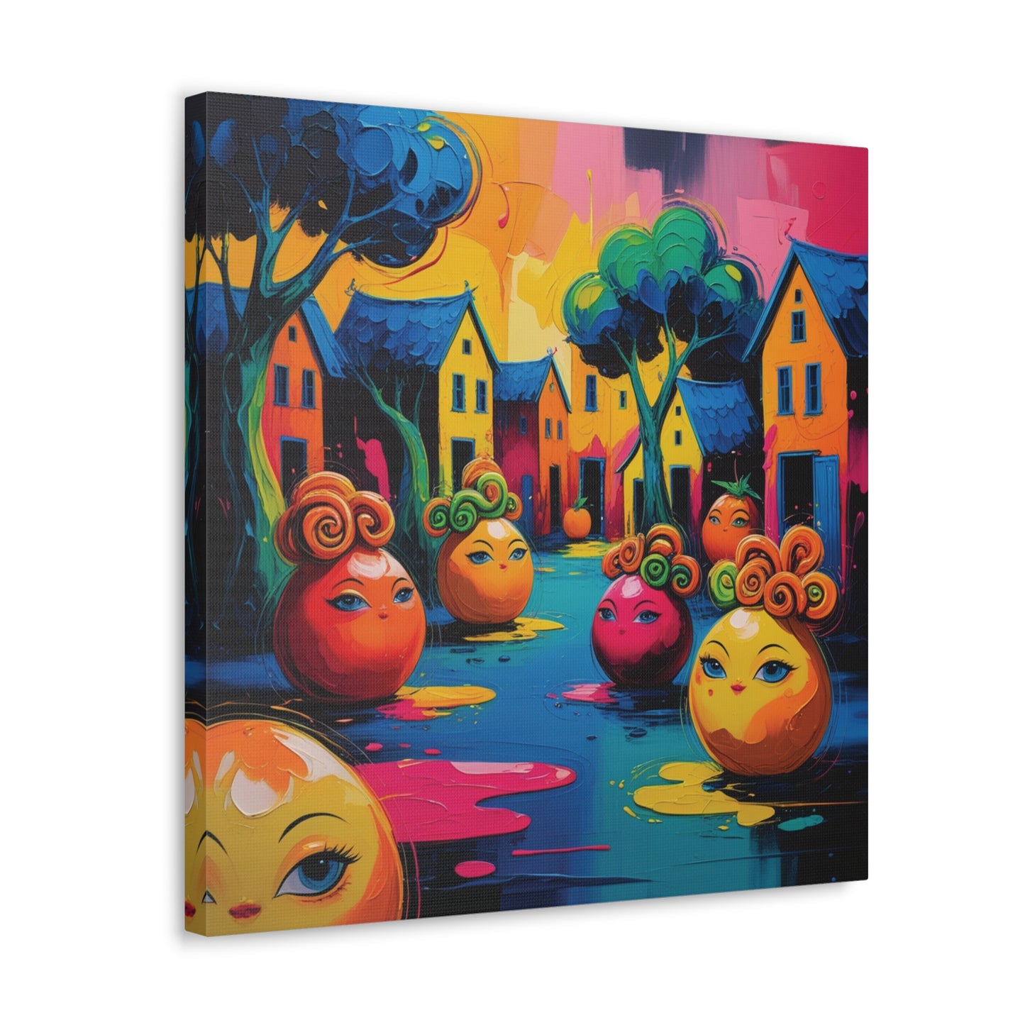 Vibrant Art Canvas Gallery Wraps - Whimsical Colorful Village Scene