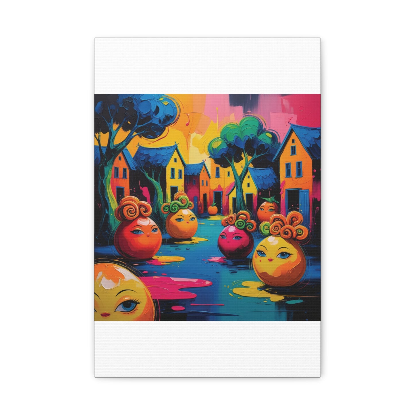 Vibrant Art Canvas Gallery Wraps - Whimsical Colorful Village Scene