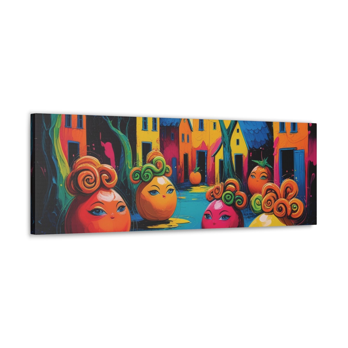 Vibrant Art Canvas Gallery Wraps - Whimsical Colorful Village Scene