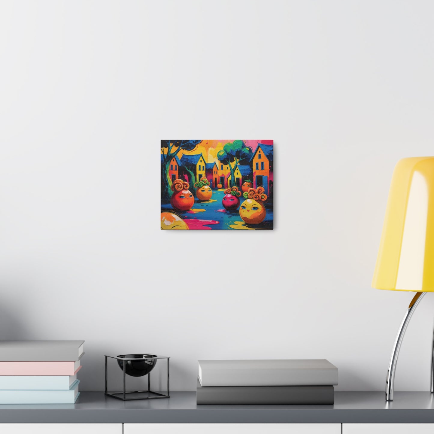 Vibrant Art Canvas Gallery Wraps - Whimsical Colorful Village Scene
