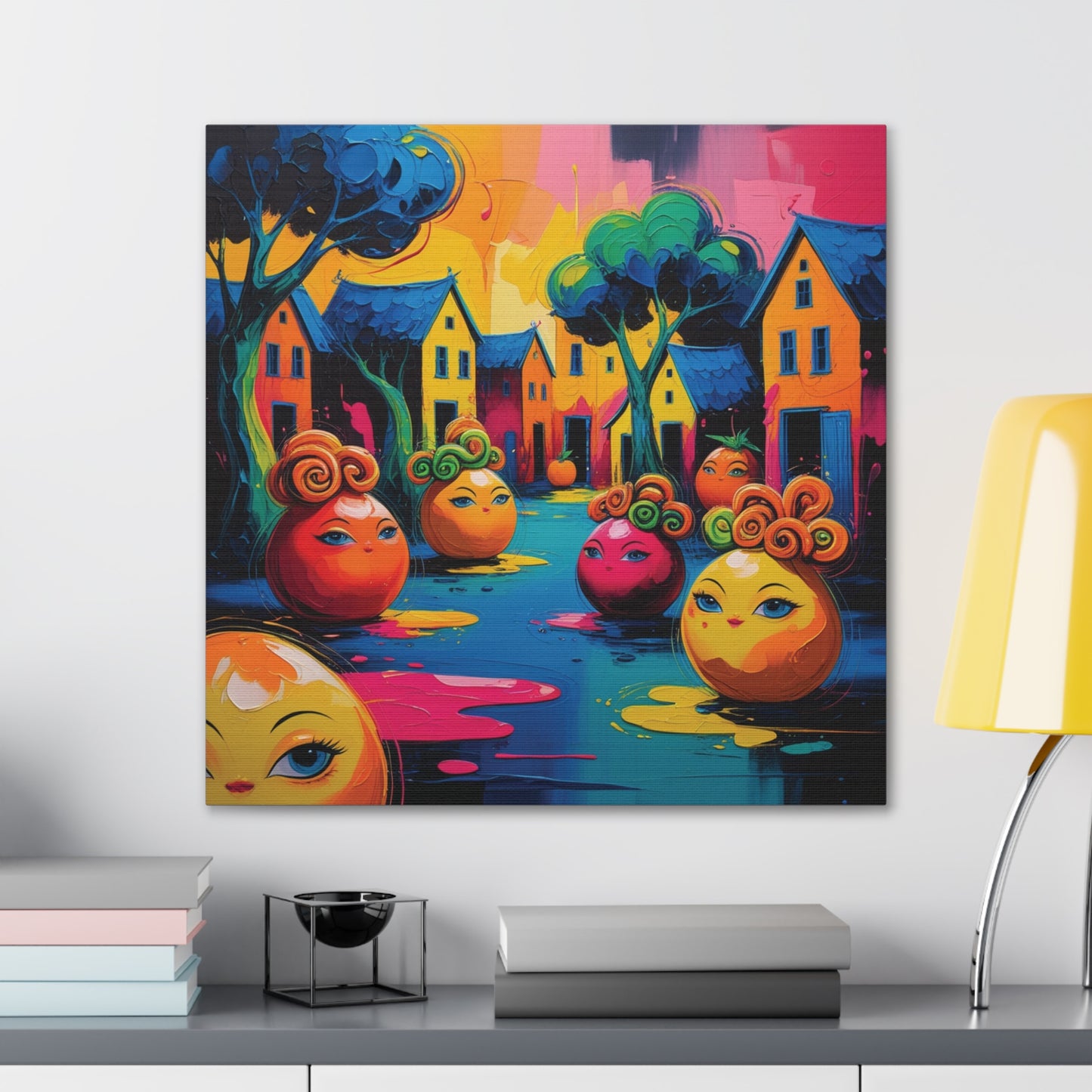 Vibrant Art Canvas Gallery Wraps - Whimsical Colorful Village Scene