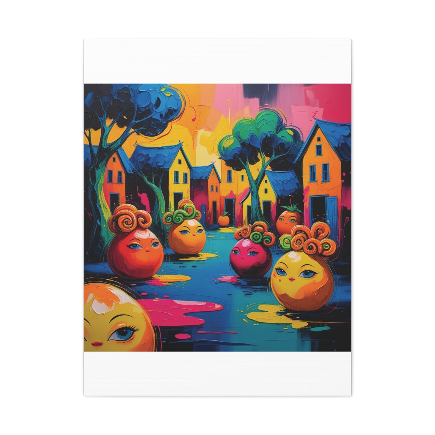 Vibrant Art Canvas Gallery Wraps - Whimsical Colorful Village Scene