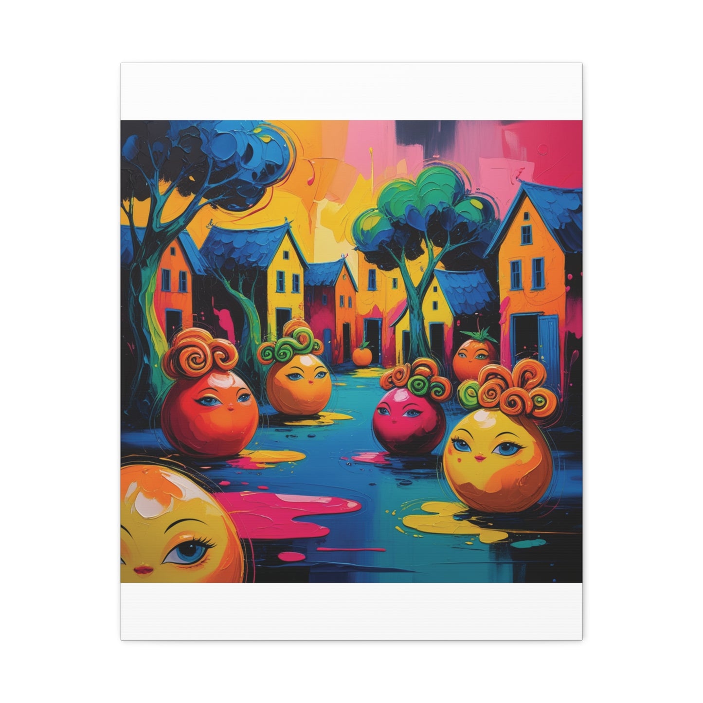Vibrant Art Canvas Gallery Wraps - Whimsical Colorful Village Scene