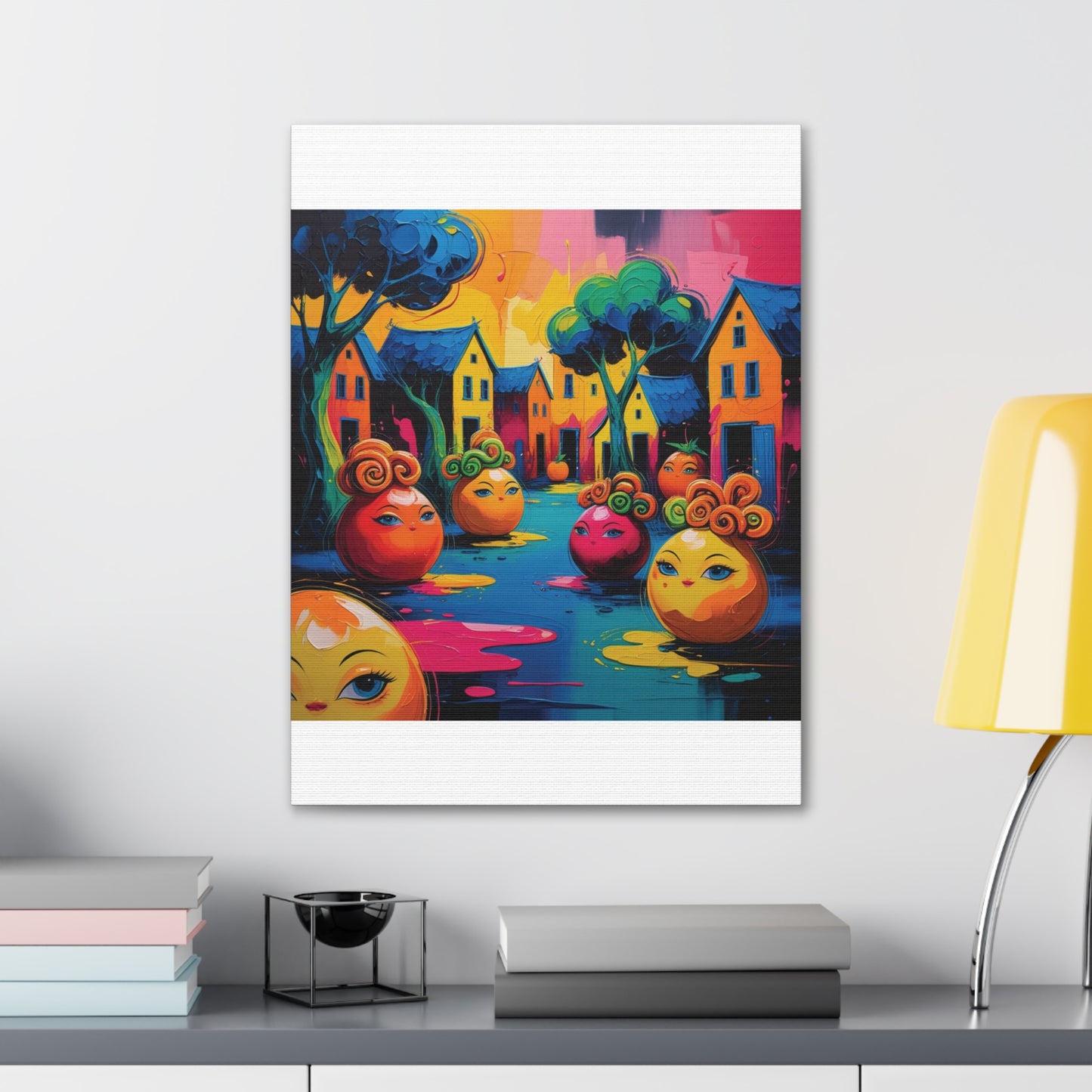 Vibrant Art Canvas Gallery Wraps - Whimsical Colorful Village Scene