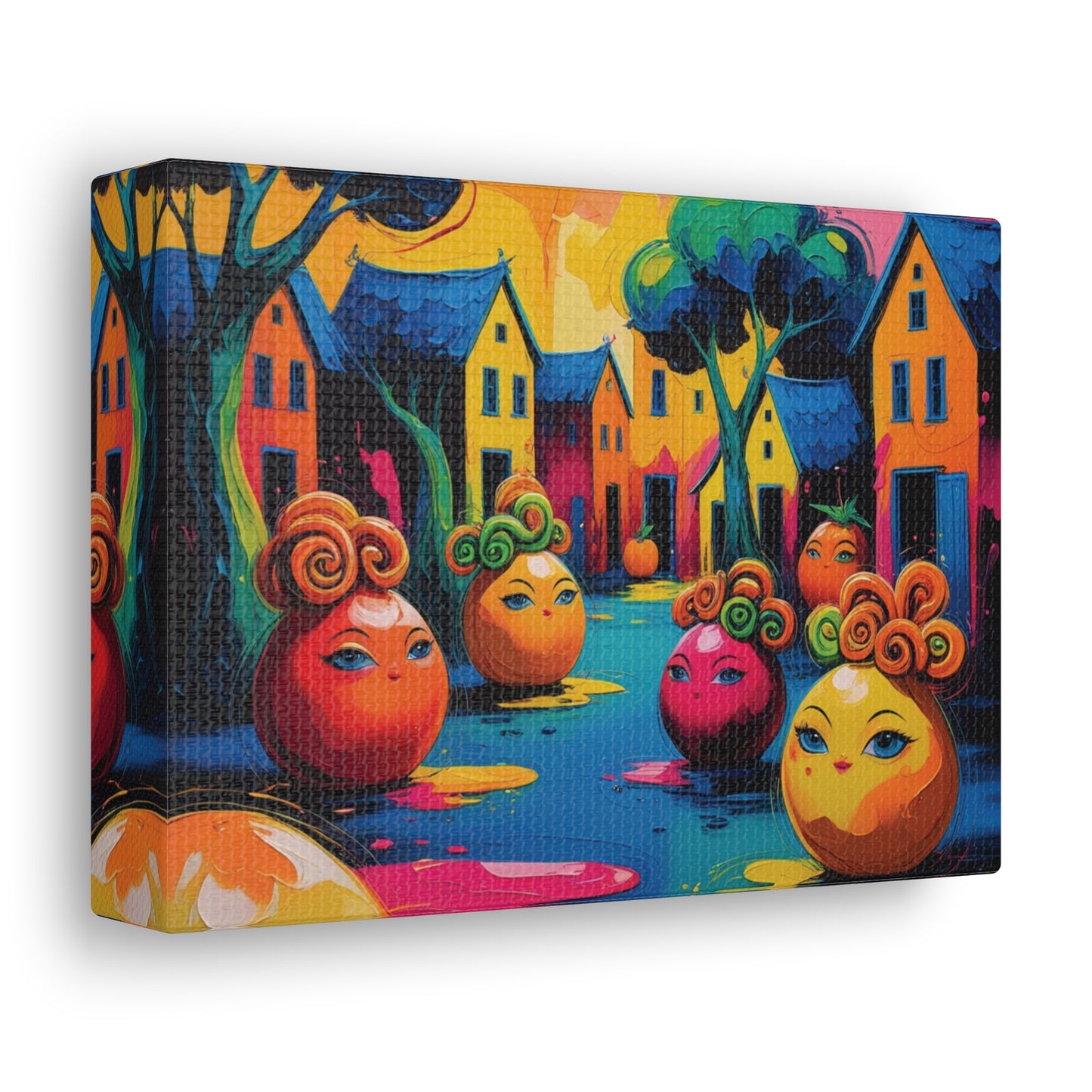 Vibrant Art Canvas Gallery Wraps - Whimsical Colorful Village Scene