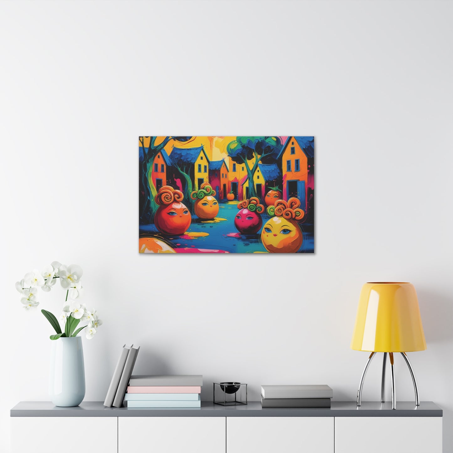 Vibrant Art Canvas Gallery Wraps - Whimsical Colorful Village Scene