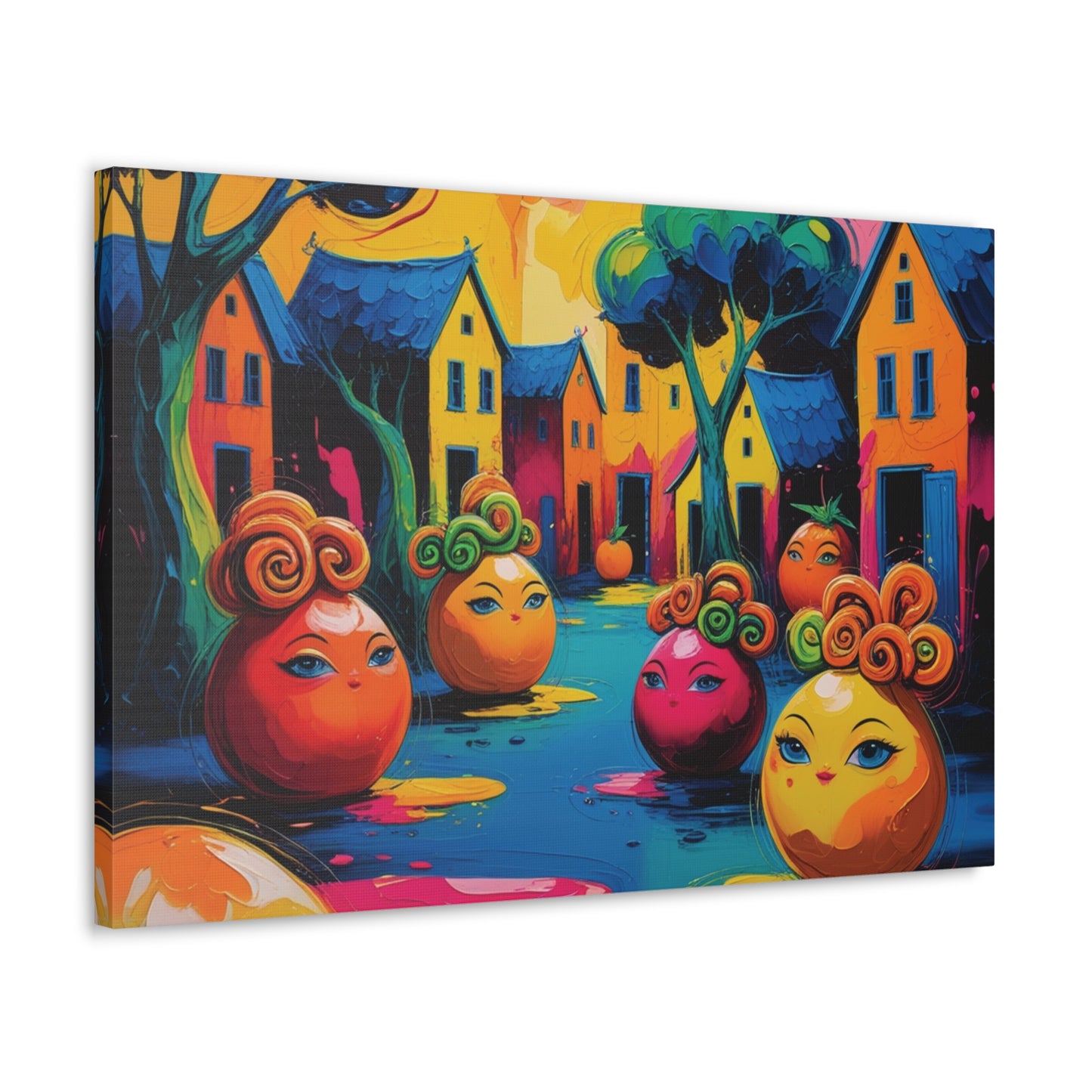 Vibrant Art Canvas Gallery Wraps - Whimsical Colorful Village Scene