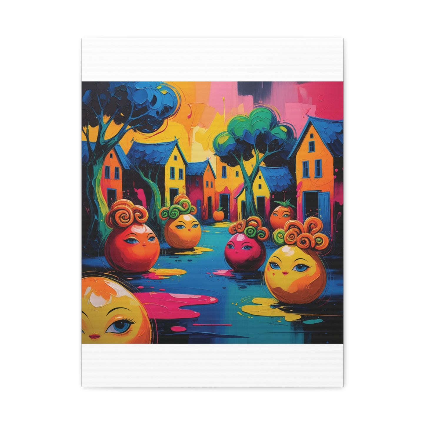 Vibrant Art Canvas Gallery Wraps - Whimsical Colorful Village Scene