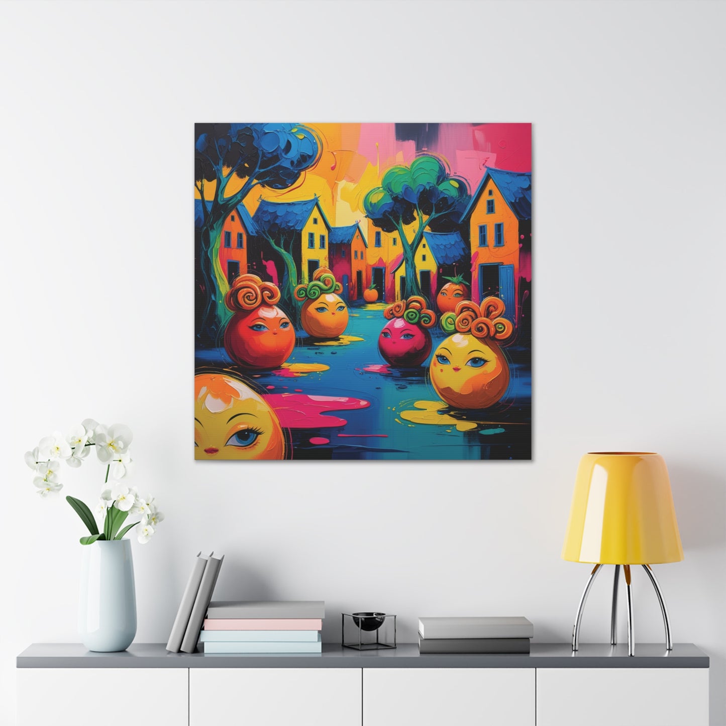 Vibrant Art Canvas Gallery Wraps - Whimsical Colorful Village Scene