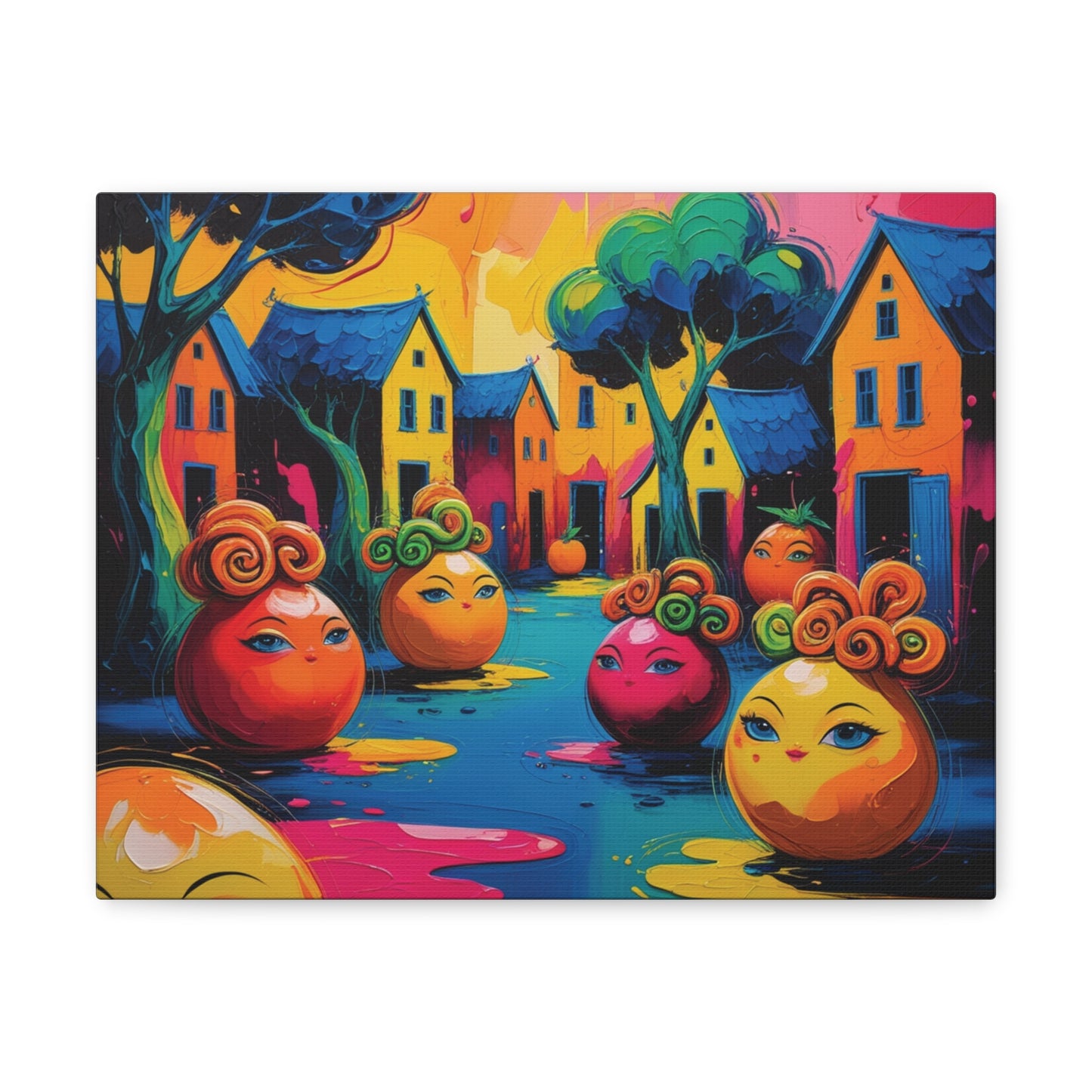 Vibrant Art Canvas Gallery Wraps - Whimsical Colorful Village Scene