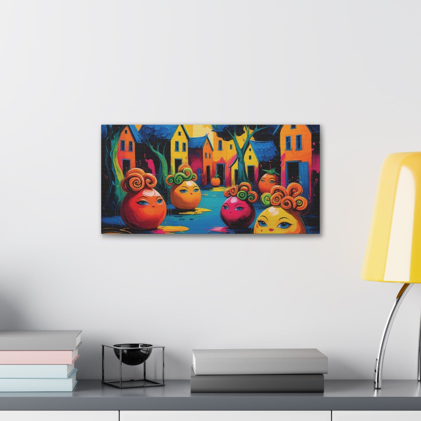 Vibrant Art Canvas Gallery Wraps - Whimsical Colorful Village Scene