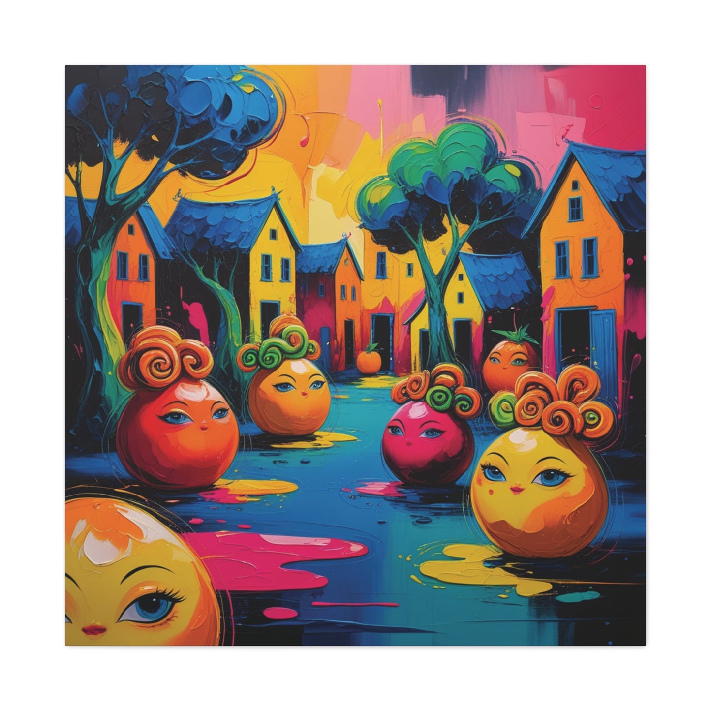 Vibrant Art Canvas Gallery Wraps - Whimsical Colorful Village Scene
