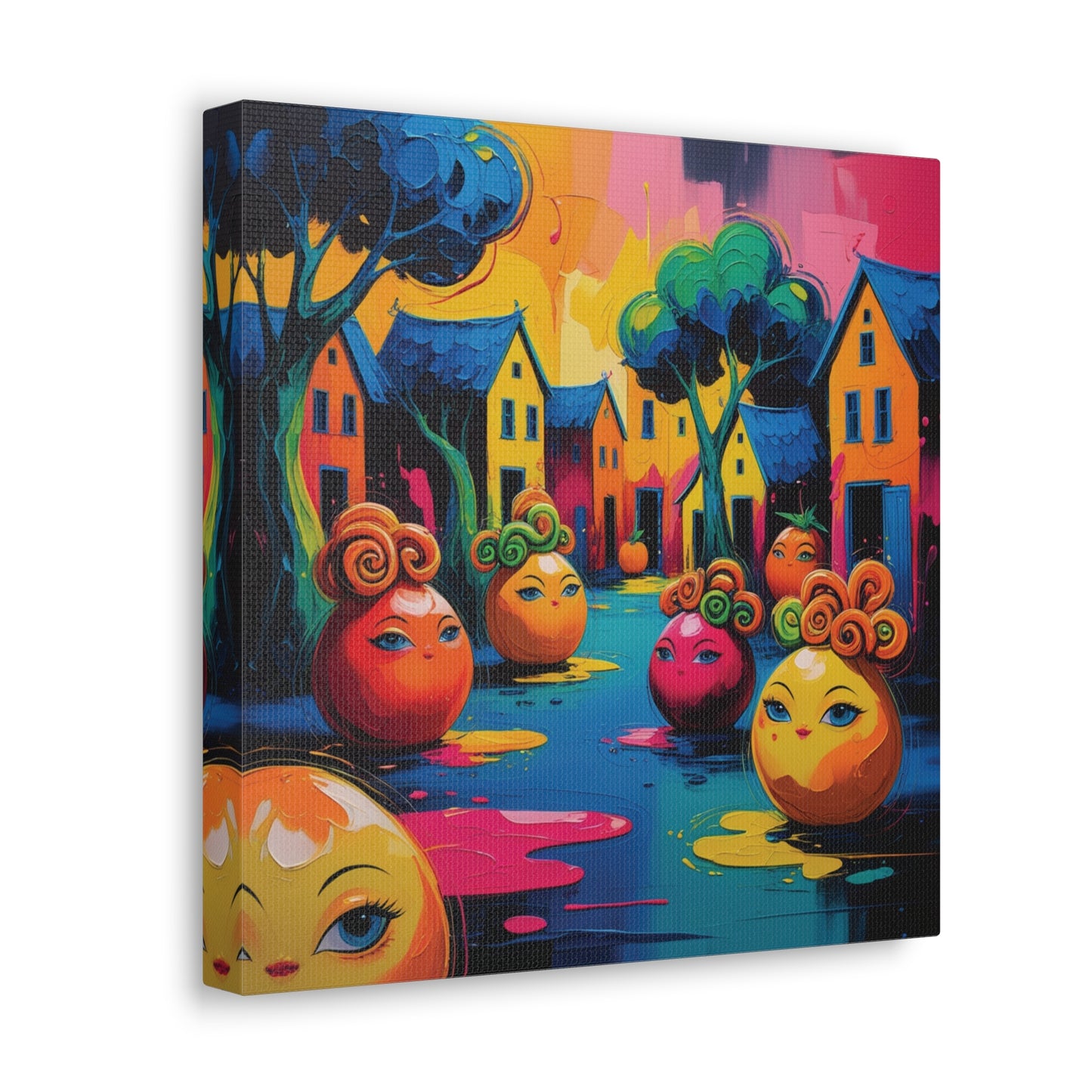Vibrant Art Canvas Gallery Wraps - Whimsical Colorful Village Scene