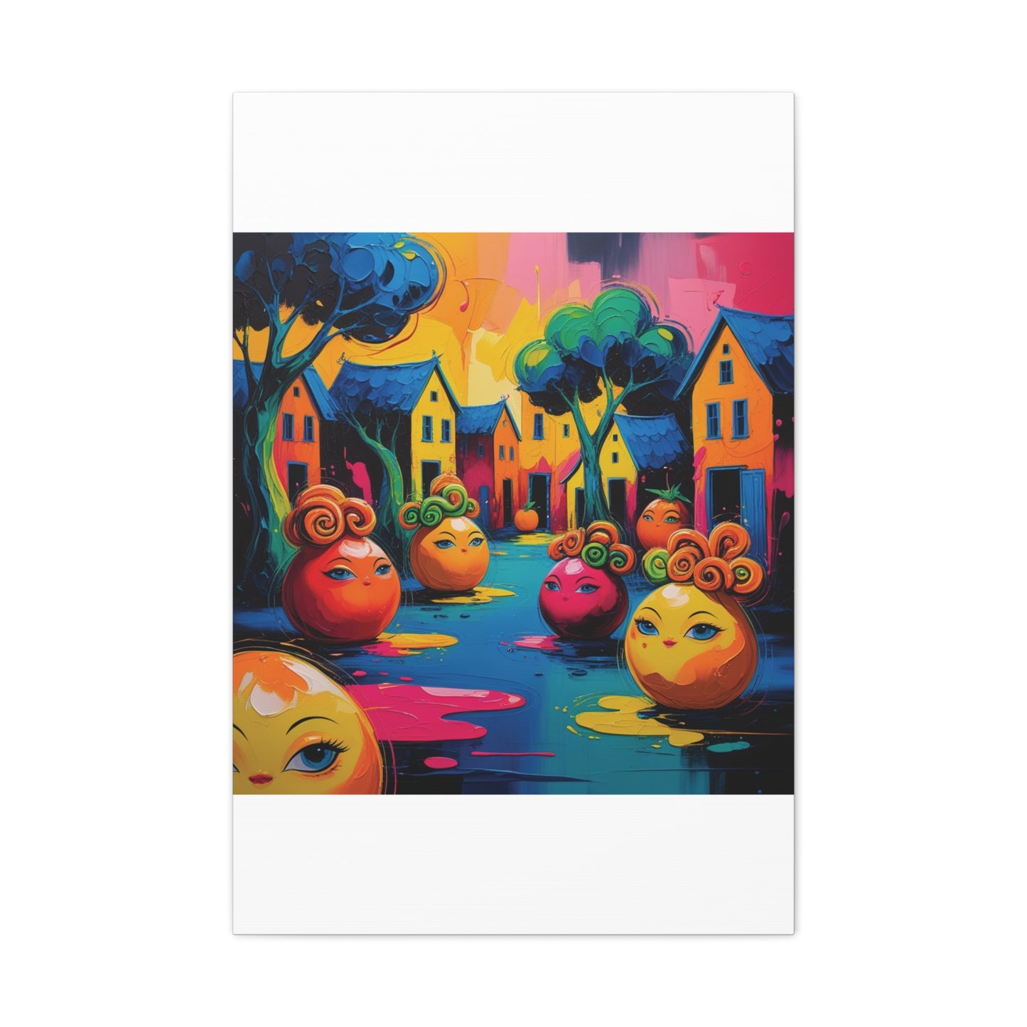 Vibrant Art Canvas Gallery Wraps - Whimsical Colorful Village Scene