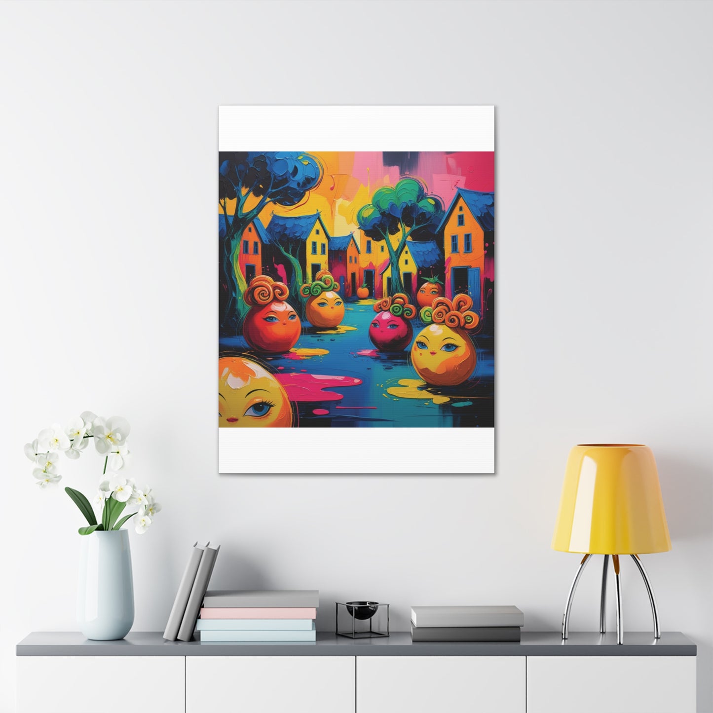 Vibrant Art Canvas Gallery Wraps - Whimsical Colorful Village Scene