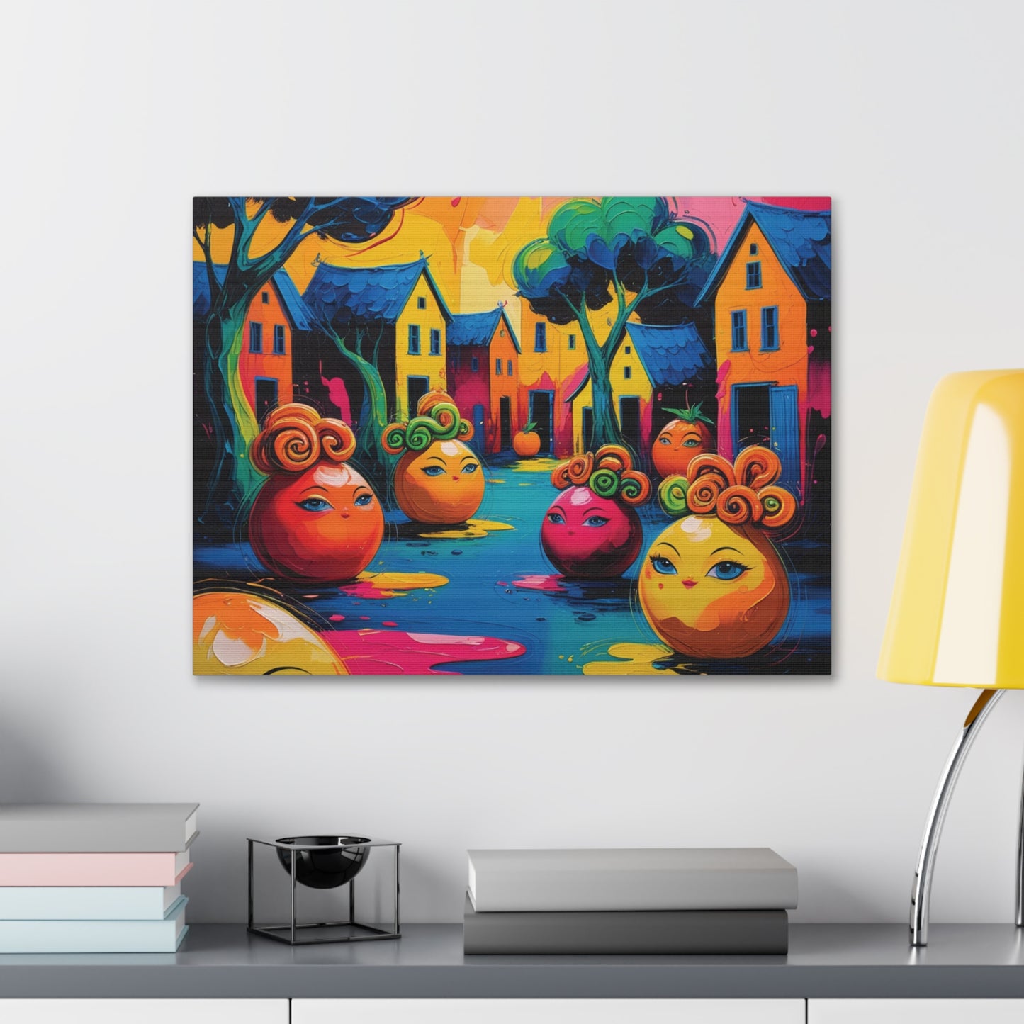 Vibrant Art Canvas Gallery Wraps - Whimsical Colorful Village Scene