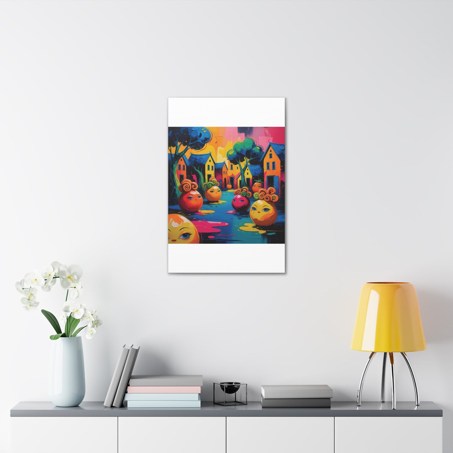 Vibrant Art Canvas Gallery Wraps - Whimsical Colorful Village Scene