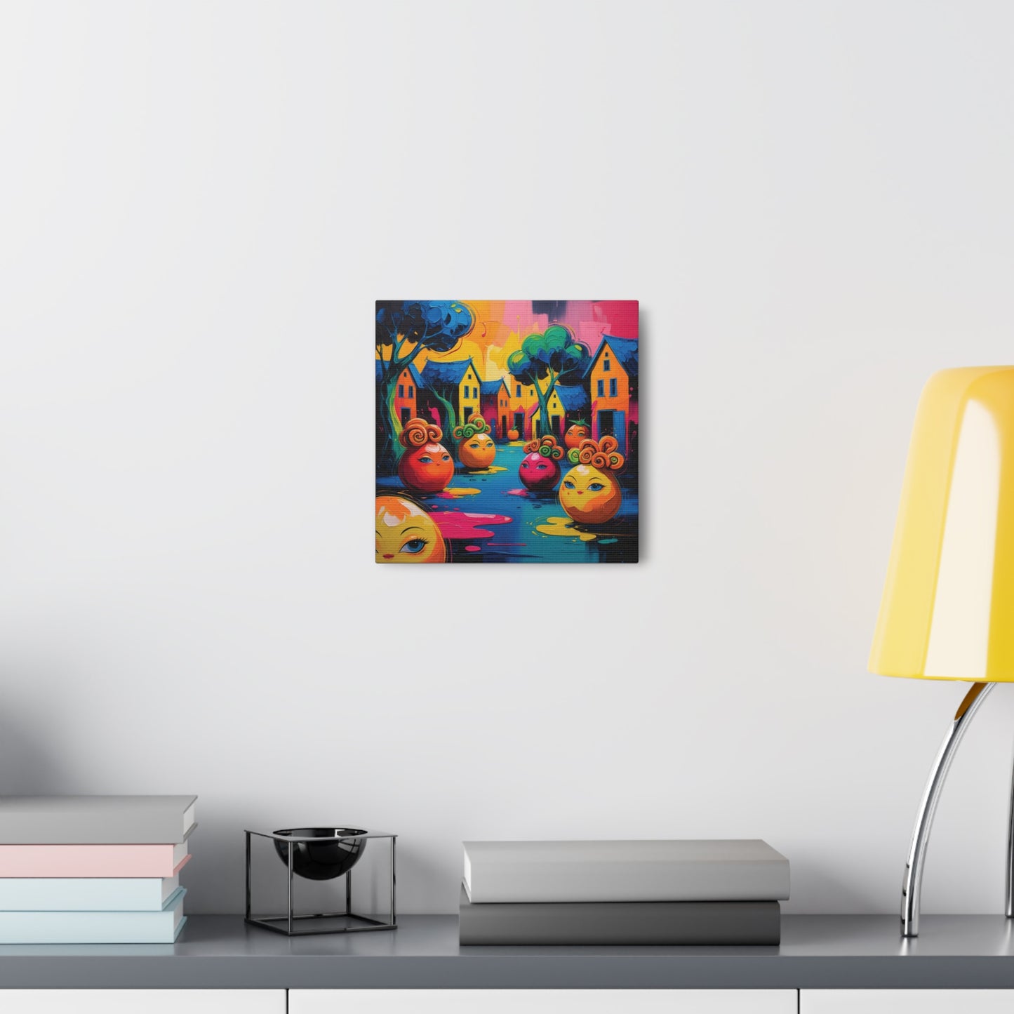 Vibrant Art Canvas Gallery Wraps - Whimsical Colorful Village Scene