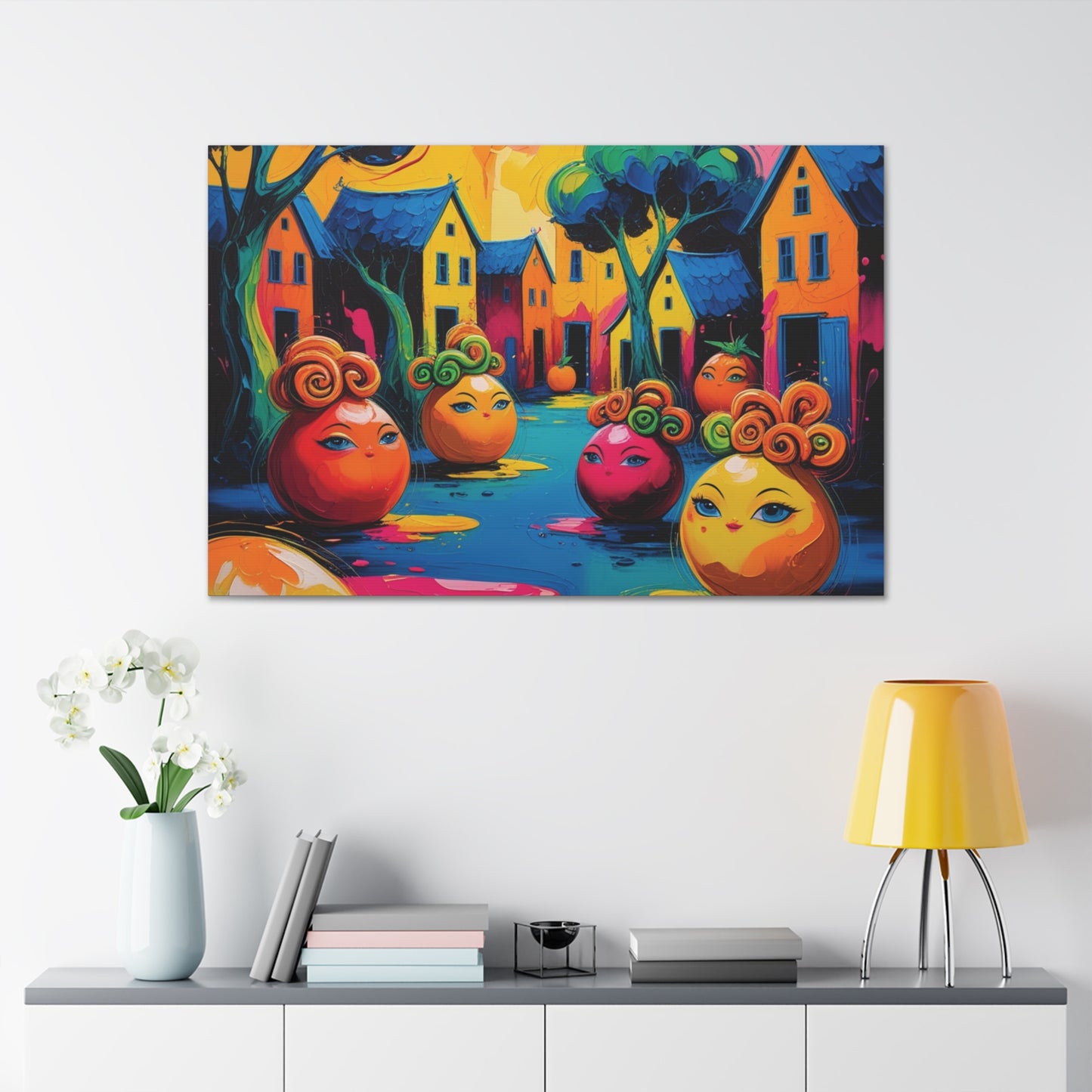 Vibrant Art Canvas Gallery Wraps - Whimsical Colorful Village Scene