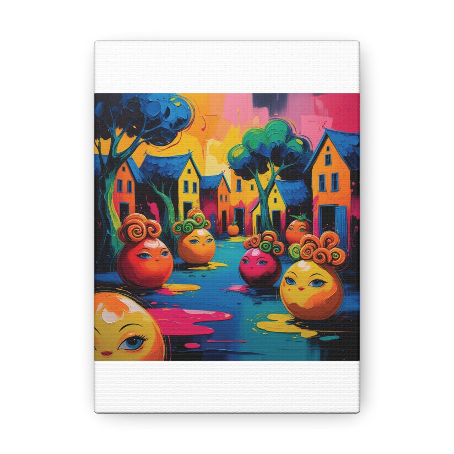 Vibrant Art Canvas Gallery Wraps - Whimsical Colorful Village Scene