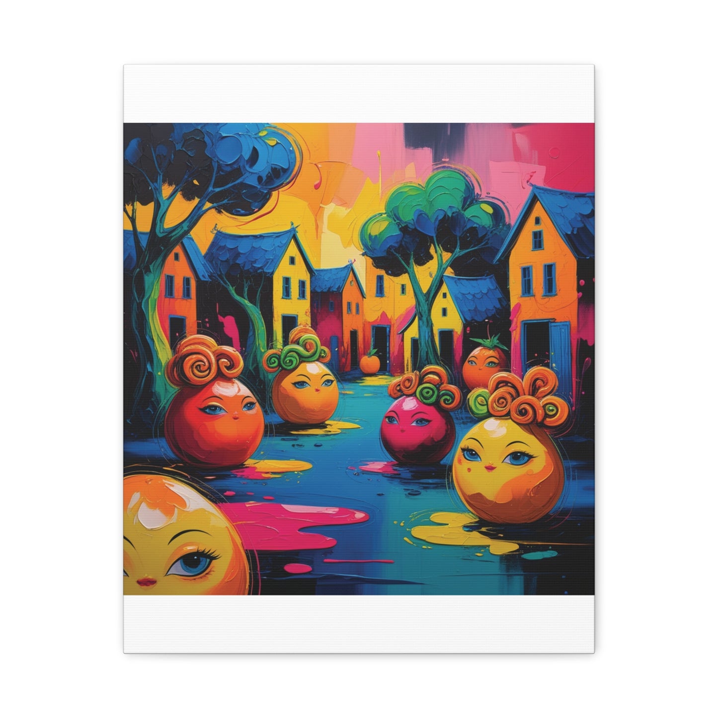 Vibrant Art Canvas Gallery Wraps - Whimsical Colorful Village Scene