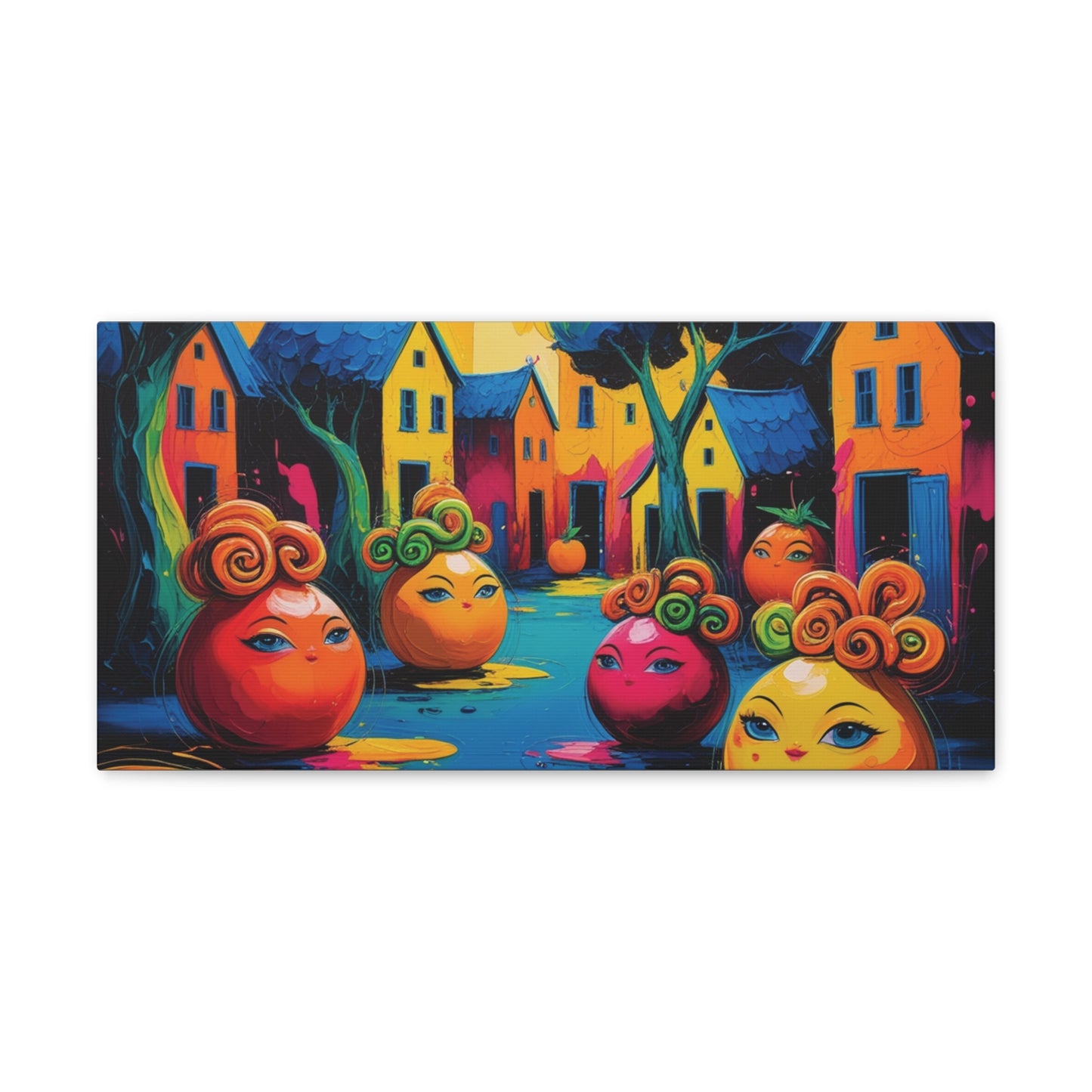 Vibrant Art Canvas Gallery Wraps - Whimsical Colorful Village Scene