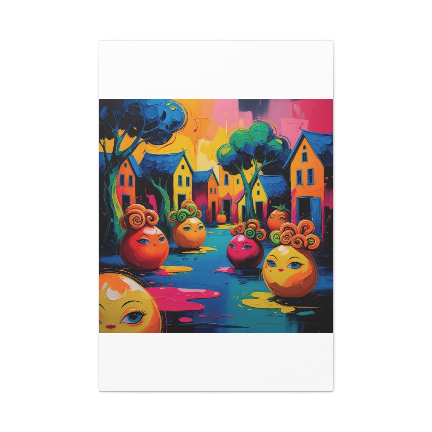 Vibrant Art Canvas Gallery Wraps - Whimsical Colorful Village Scene