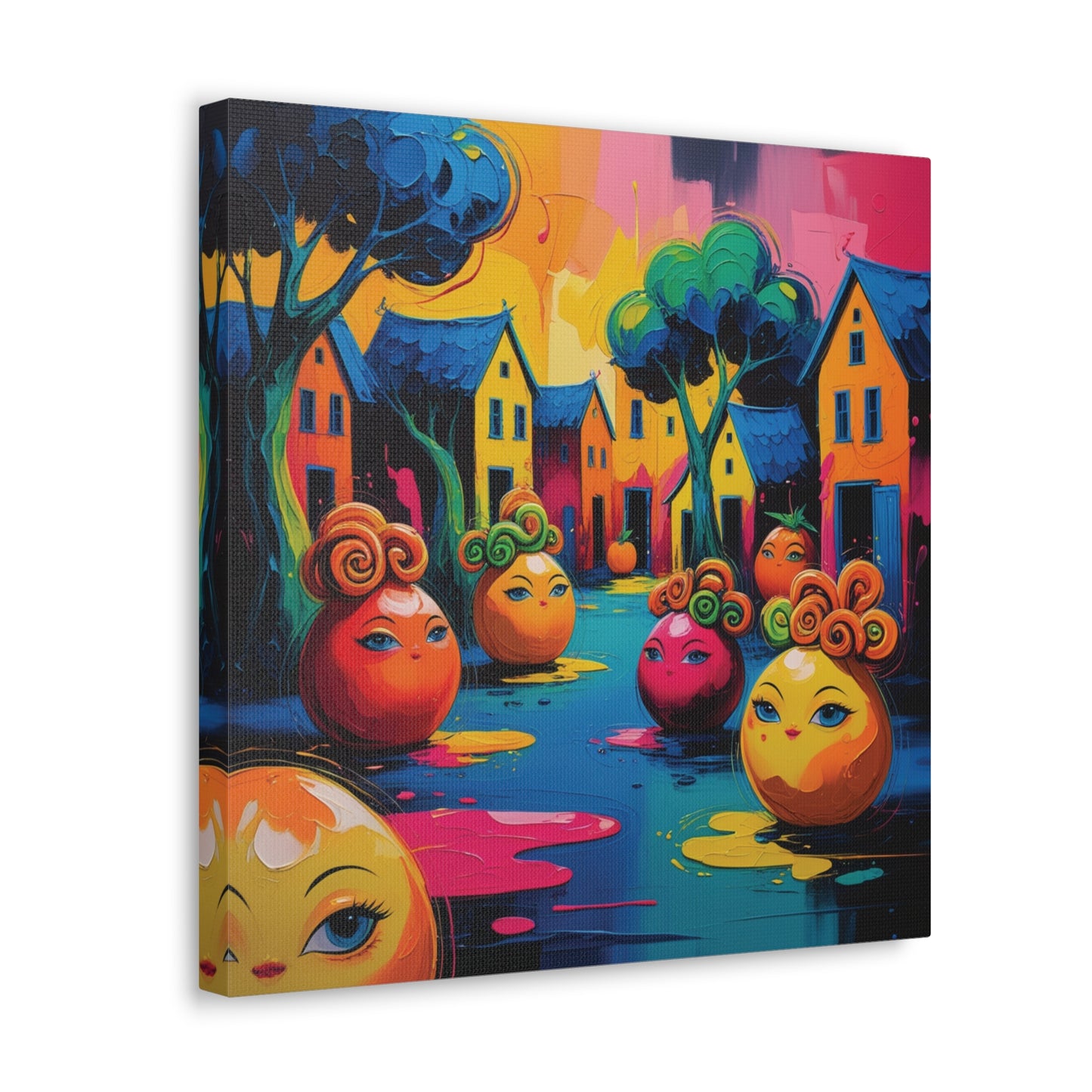 Vibrant Art Canvas Gallery Wraps - Whimsical Colorful Village Scene