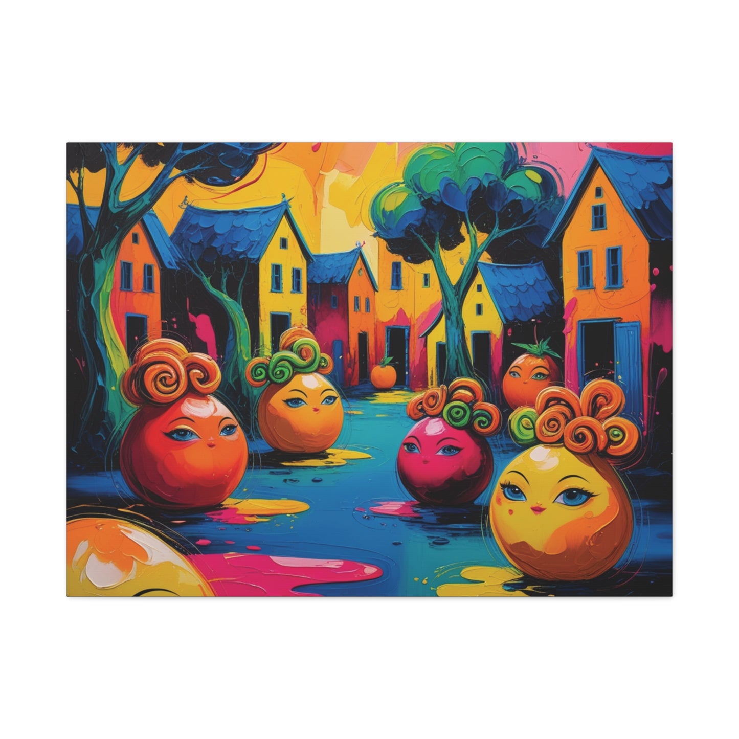 Vibrant Art Canvas Gallery Wraps - Whimsical Colorful Village Scene
