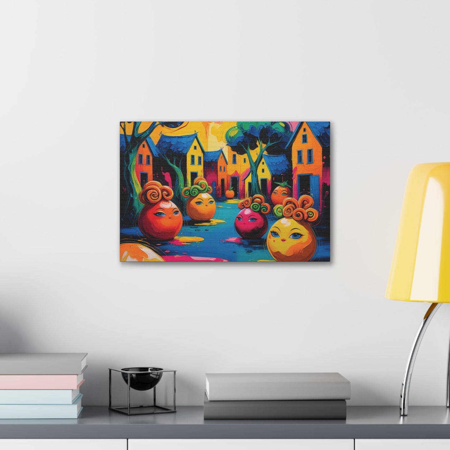 Vibrant Art Canvas Gallery Wraps - Whimsical Colorful Village Scene